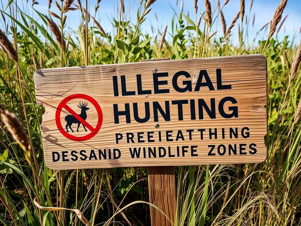 A close-up shot of a sign warning against illegal hunting practices, placed prominently in a protected wildlife area.