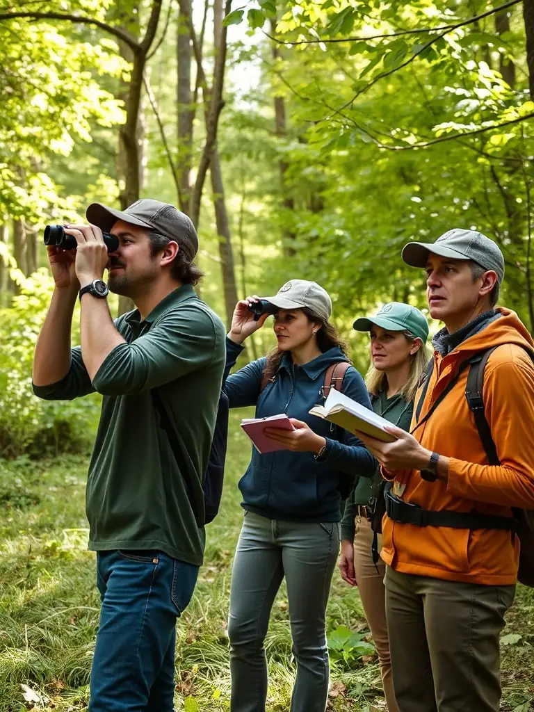 A photograph showcasing a wildlife monitoring activity, with members of SOCIETE DE CHASSE D'EXIDEUIL SUR VIENNE-LA PERUSE observing and recording data on local animal populations.