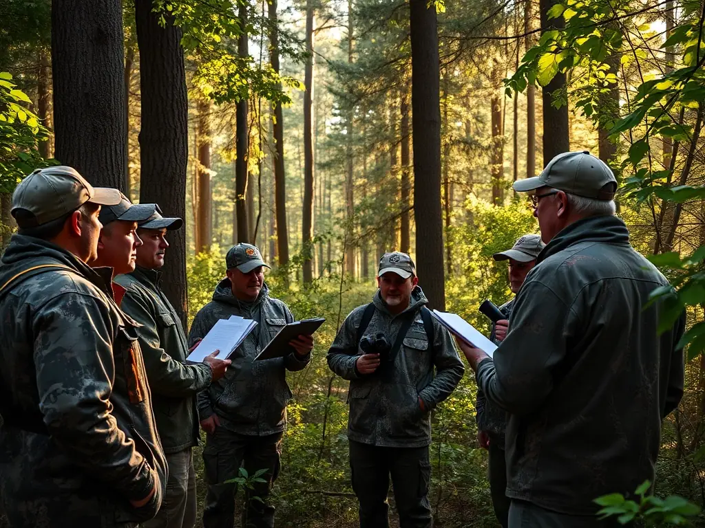 A group of hunters participating in a controlled game population survey in a lush, green forest, documenting wildlife numbers and health.