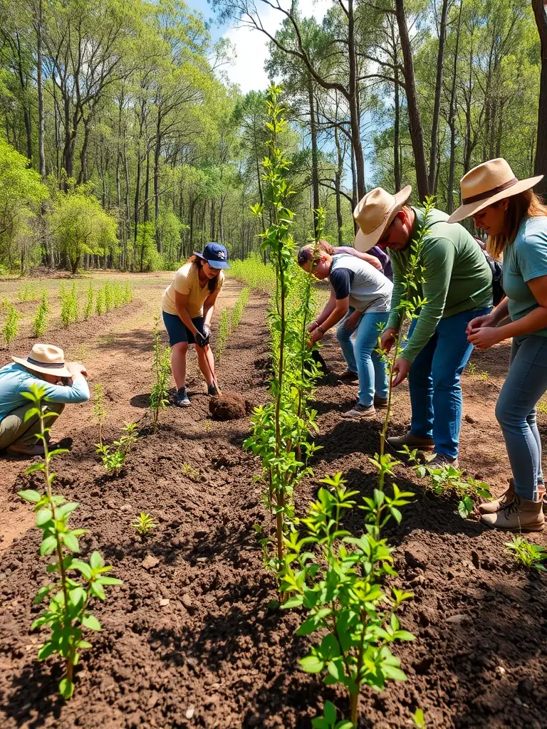 A high-quality photograph depicting a group of volunteers planting trees in a deforested area, symbolizing habitat restoration efforts by SOCIETE DE CHASSE D'EXIDEUIL SUR VIENNE-LA PERUSE.