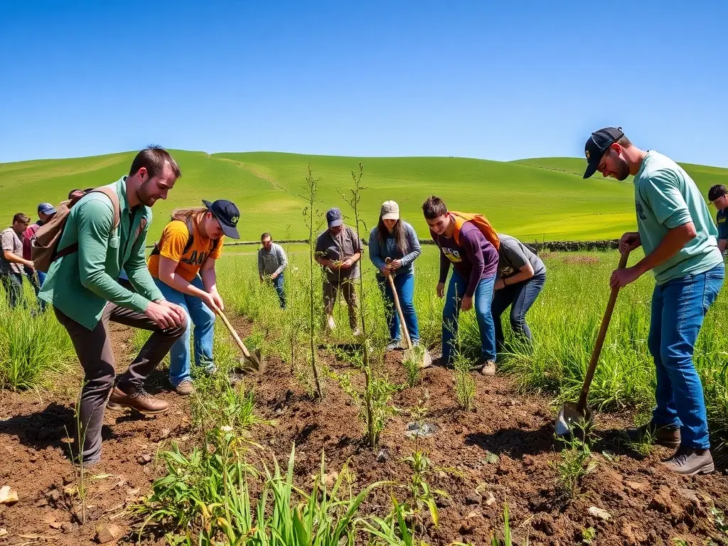 A volunteer team constructing a wildlife habitat improvement project, planting native trees and shrubs to enhance biodiversity.