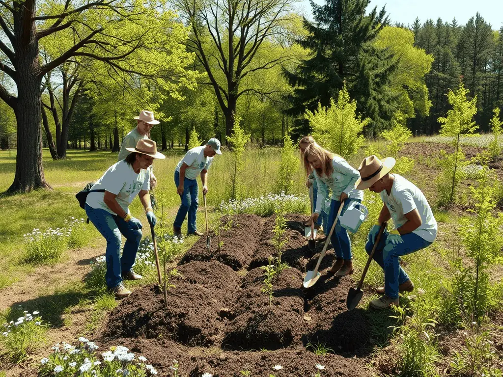 A group of volunteers planting native trees in a deforested area, illustrating habitat restoration efforts by SOCIETE DE CHASSE D'EXIDEUIL SUR VIENNE-LA PERUSE.