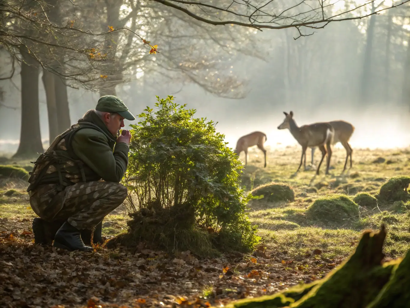 A wildlife biologist monitoring a deer population in its natural habitat, showcasing the wildlife management program of SOCIETE DE CHASSE D'EXIDEUIL SUR VIENNE-LA PERUSE.