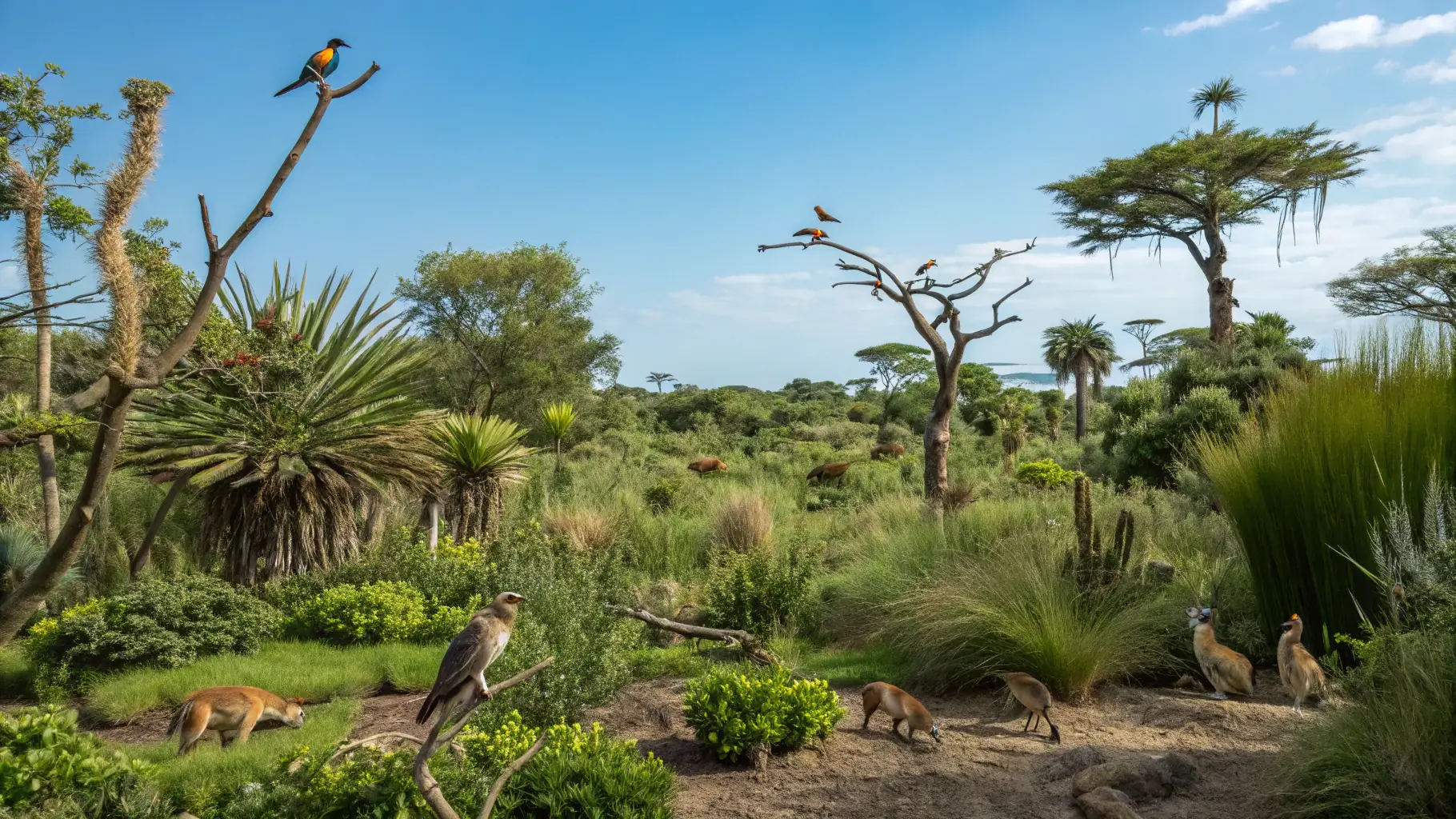 A diverse forest landscape with various species of trees, plants, and animals, showcasing a thriving ecosystem.