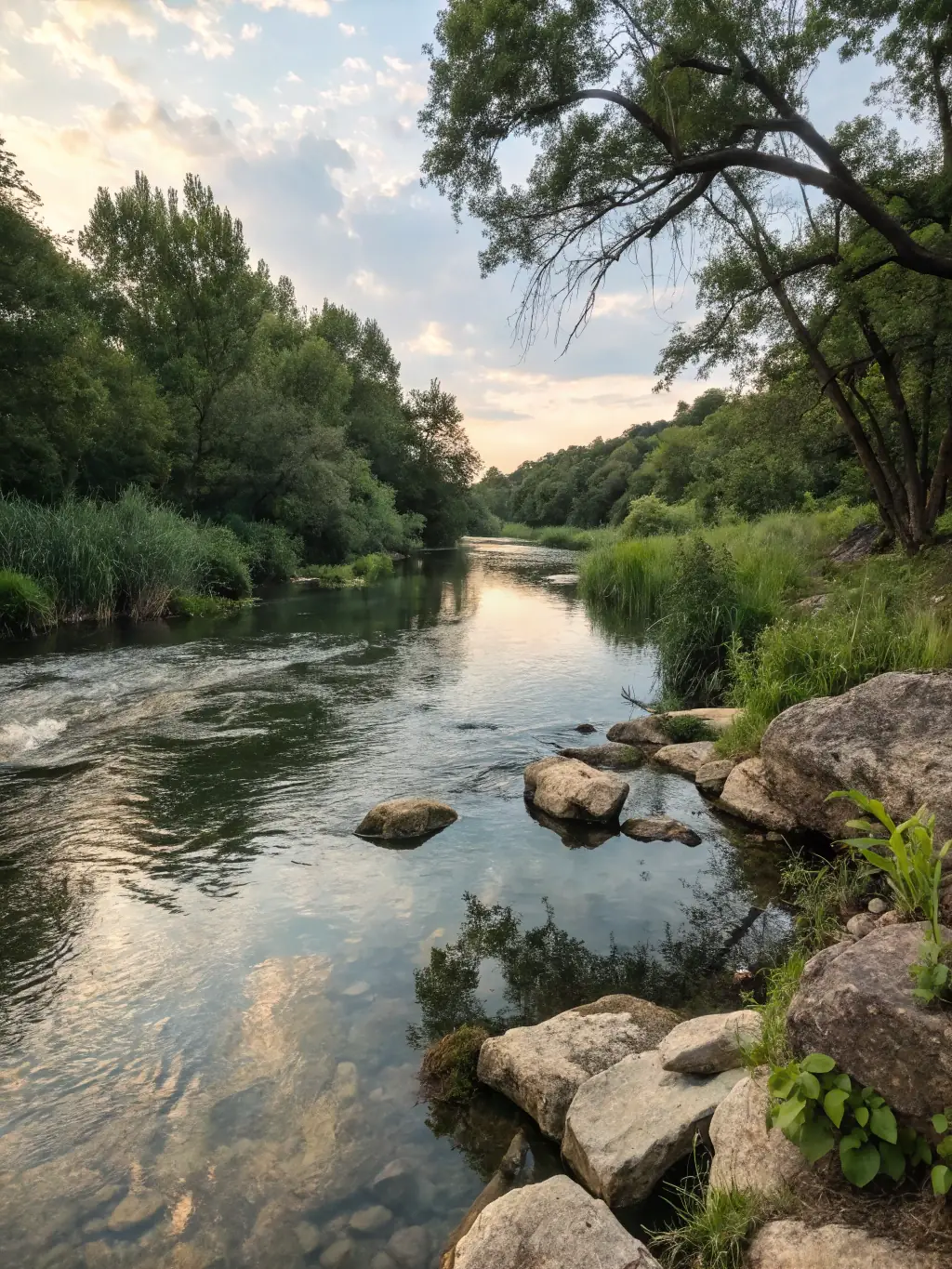 An image of a clean, flowing river with healthy vegetation along its banks, representing the organization's efforts in water resource management and protection.